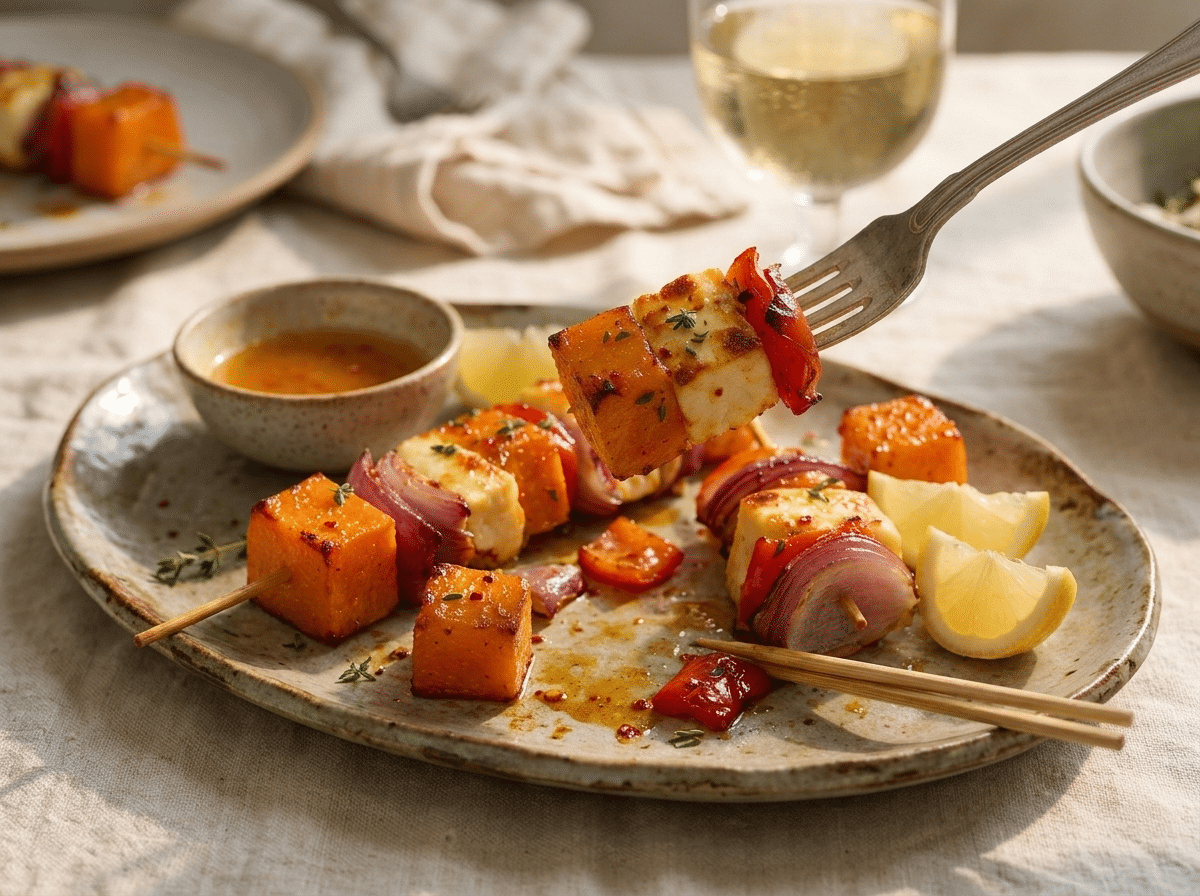 Someone lifting a golden squash and halloumi skewer from a linen-covered platter beside a bowl of tahini sauce