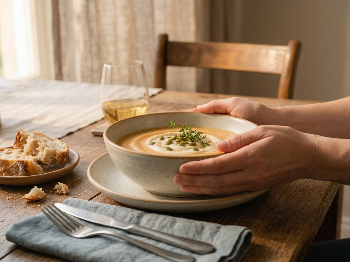 Hands cupping a warm bowl of parsnip apple soup at a wooden table with torn bread and a glass of white wine nearby