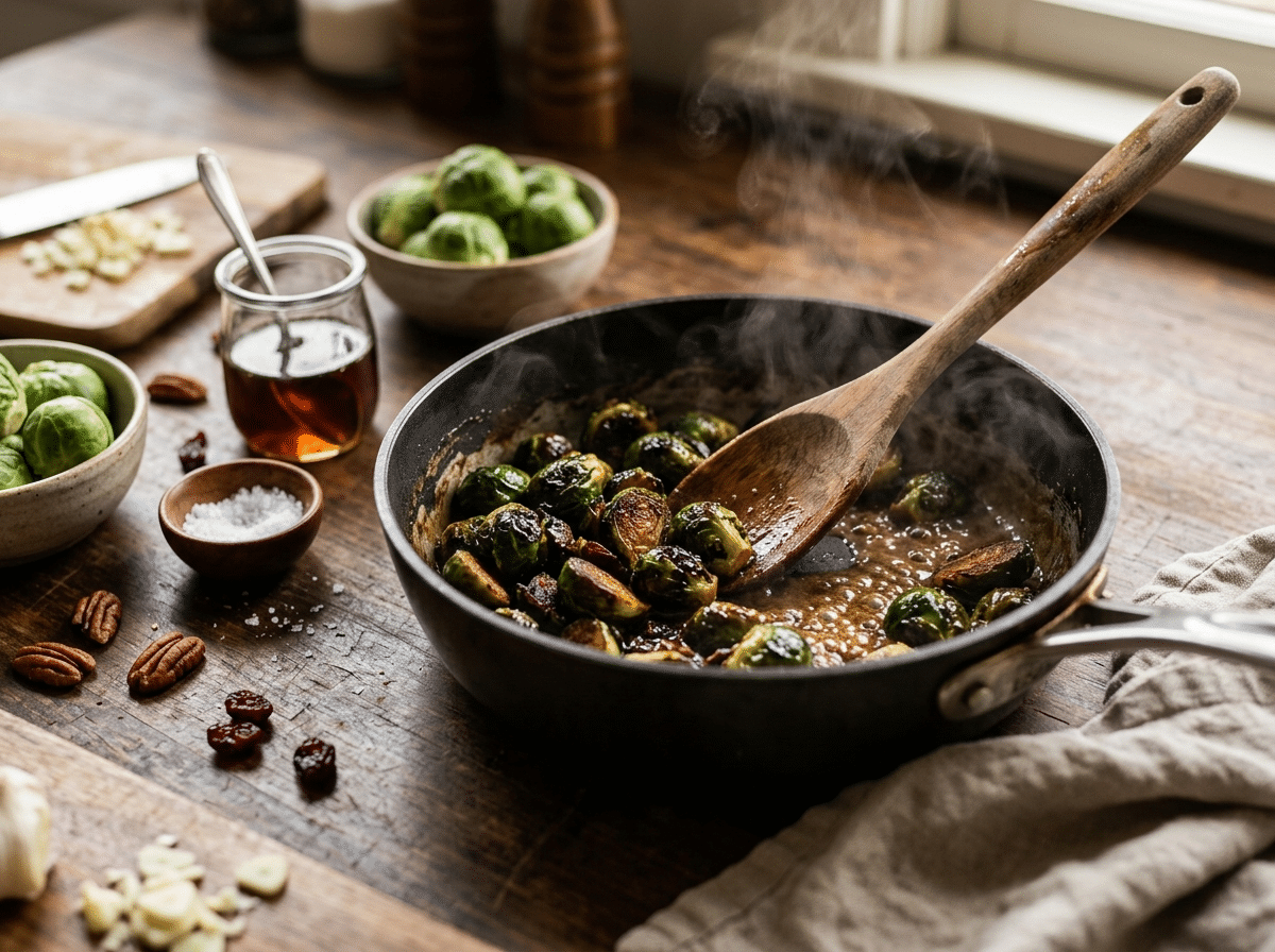 Close-up of a wooden spoon stirring hot roasted brussels sprouts through bubbling butter-maple glaze in a saucepan