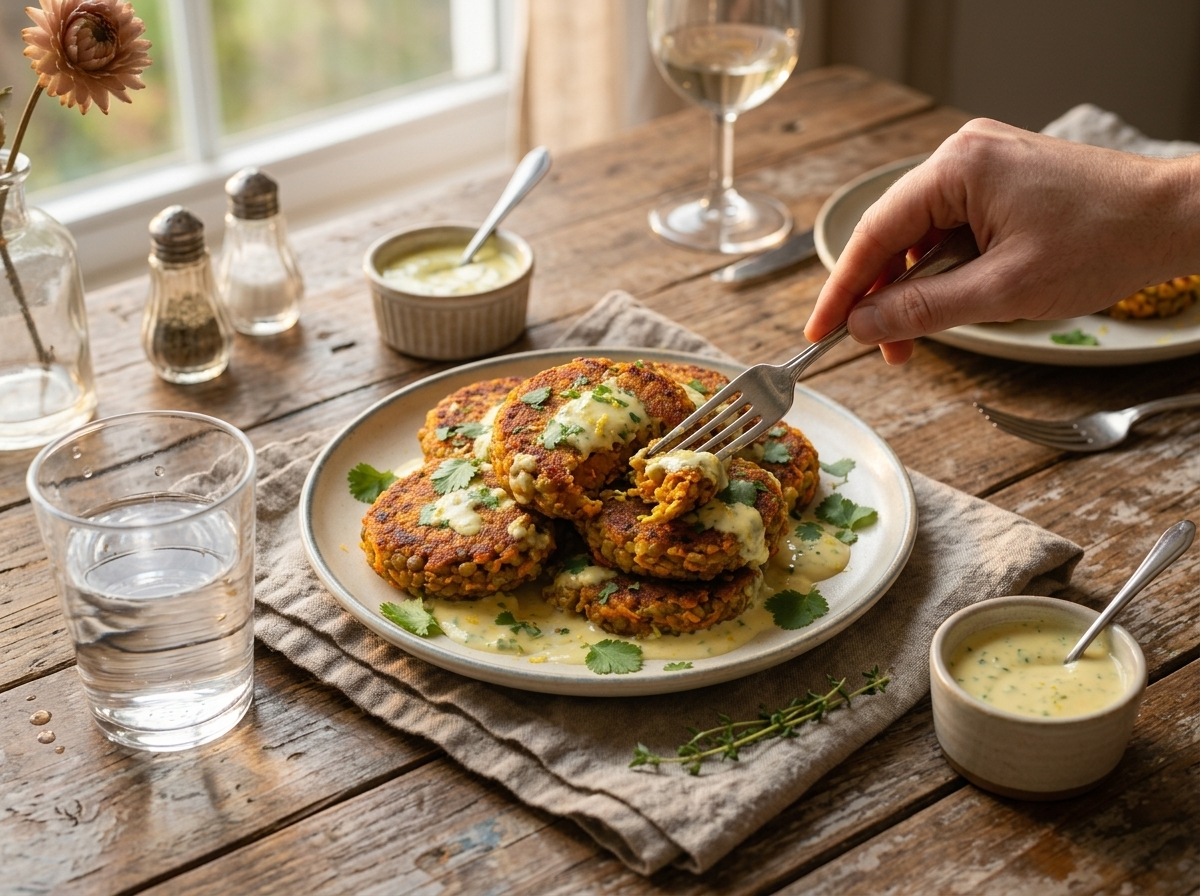 Hands breaking open a warm carrot and lentil fritter over a linen-topped table with yogurt sauce