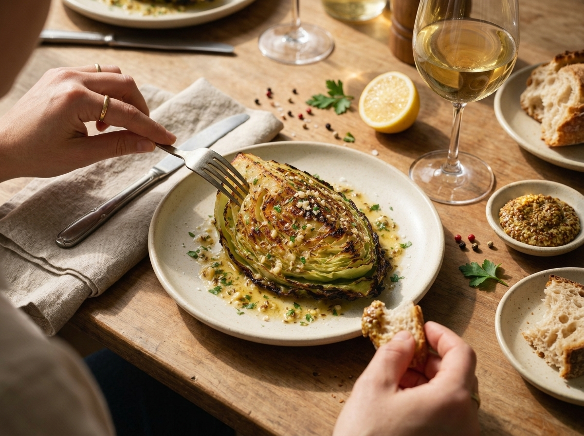 Hands reaching for a caraway-buttered cabbage wedge at a rustic table set with a linen napkin and mustard