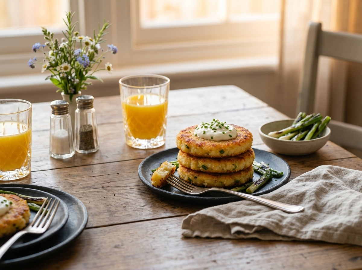 A hand breaks into a potato cake with a fork at a rustic wood table, linen napkin and coffee mug nearby.