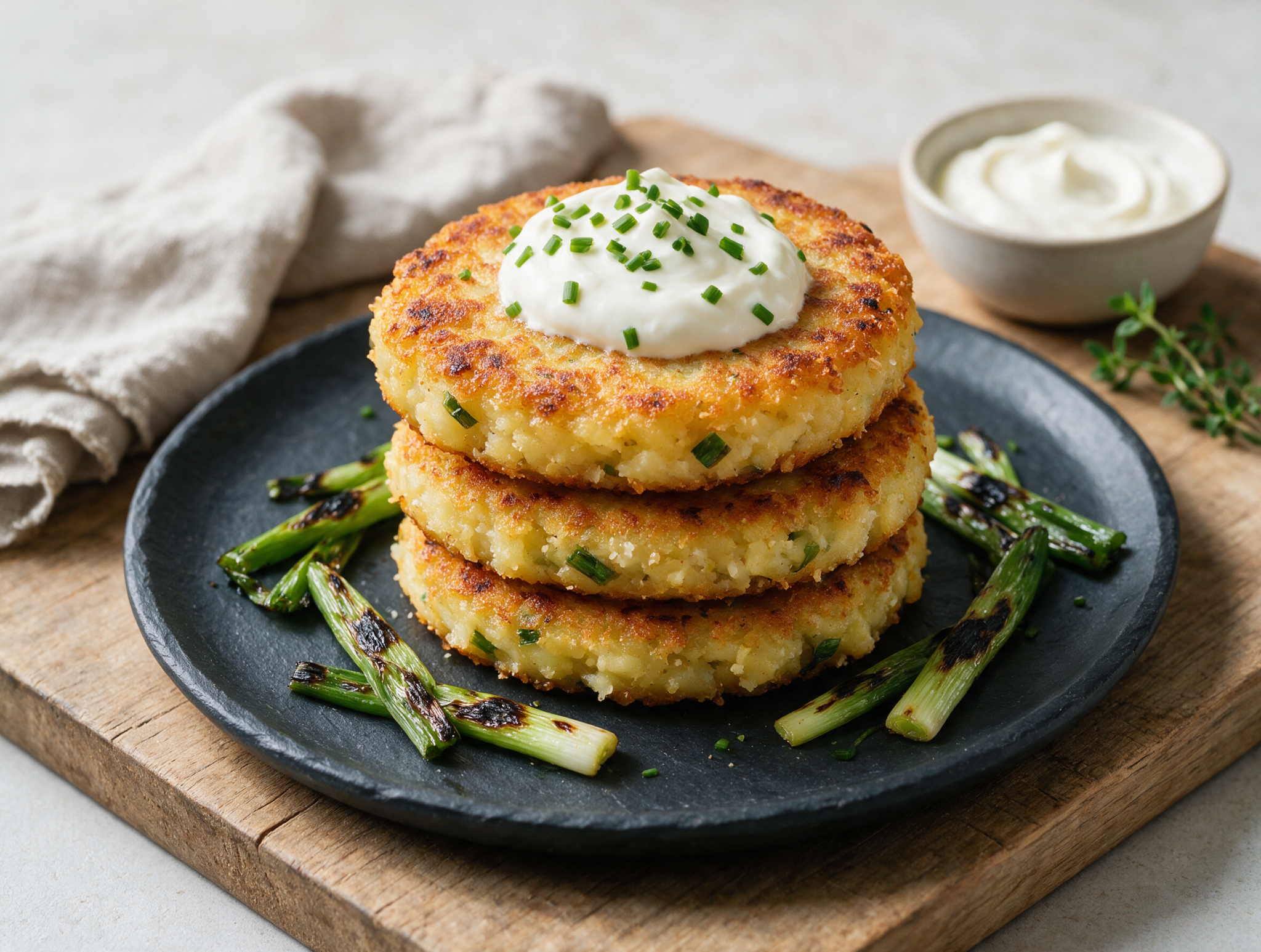 Overhead shot of golden, crisp-edged potato cakes stacked on a slate plate with sour cream and charred onion garnish.