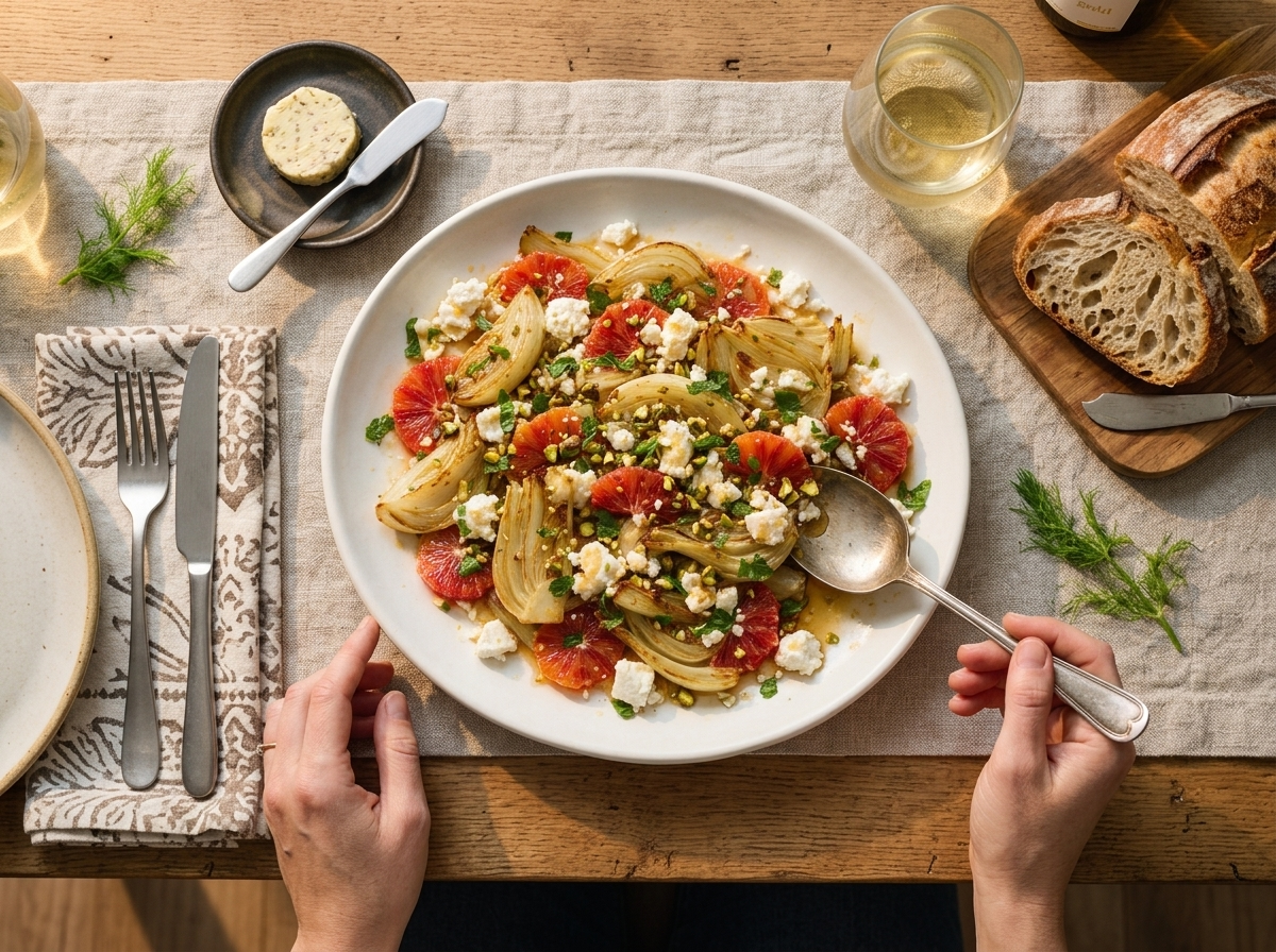 Linen-topped table with the blood orange fennel salad, a glass of white wine, and crusty bread ready to share