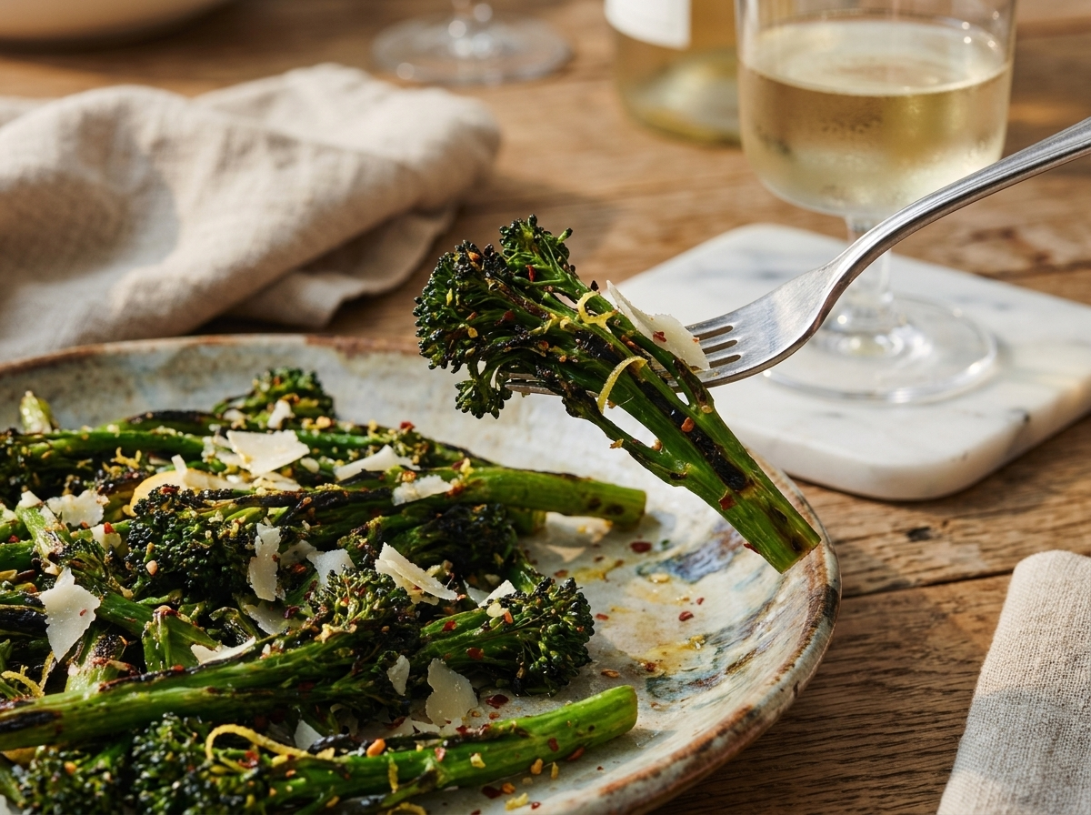 A rustic wood table set with a platter of charred broccolini, a linen napkin, and a glass of white wine at golden hour.