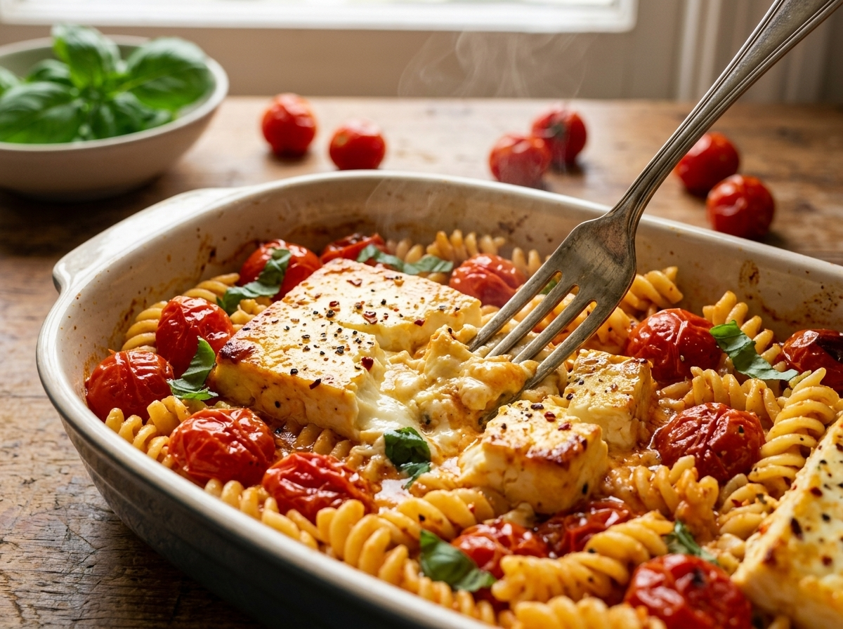 Fork mashing a golden roasted feta block into blistered cherry tomatoes inside a ceramic baking dish.
