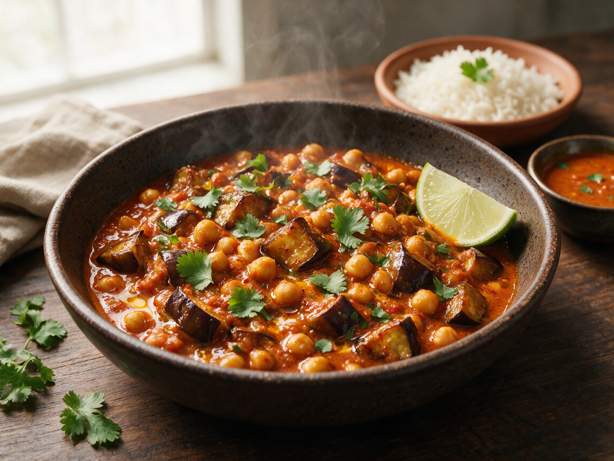 Overhead shot of smoky aubergine and chickpea curry in a dark bowl, garnished with cilantro and lime, steam rising over basmati rice.