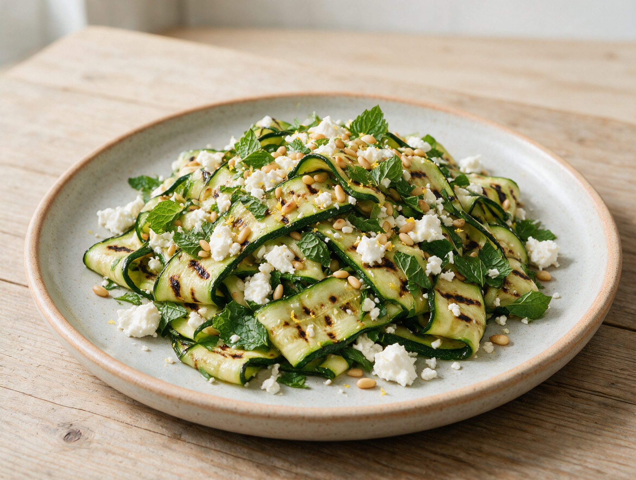 Char-striped grilled courgette ribbons topped with crumbled feta, torn mint, and toasted pine nuts on a ceramic platter