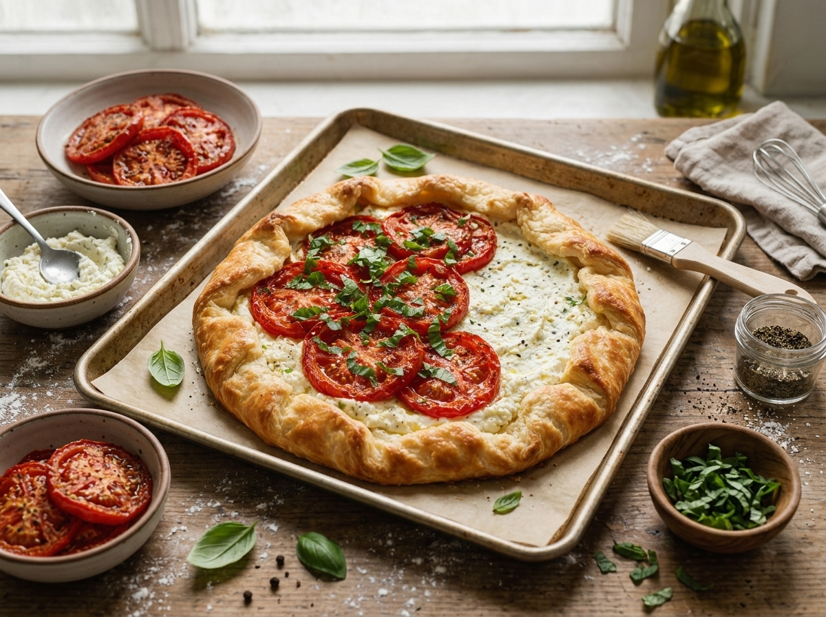 Overhead view of ricotta and tomato slices being layered onto rolled galette dough on a parchment-lined sheet pan