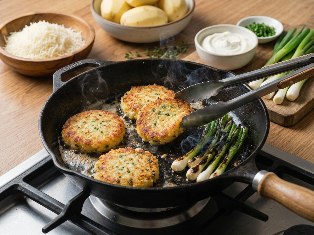 Whole spring onions blistering black in a hot cast-iron skillet, smoke rising, tongs turning them over dark char marks.