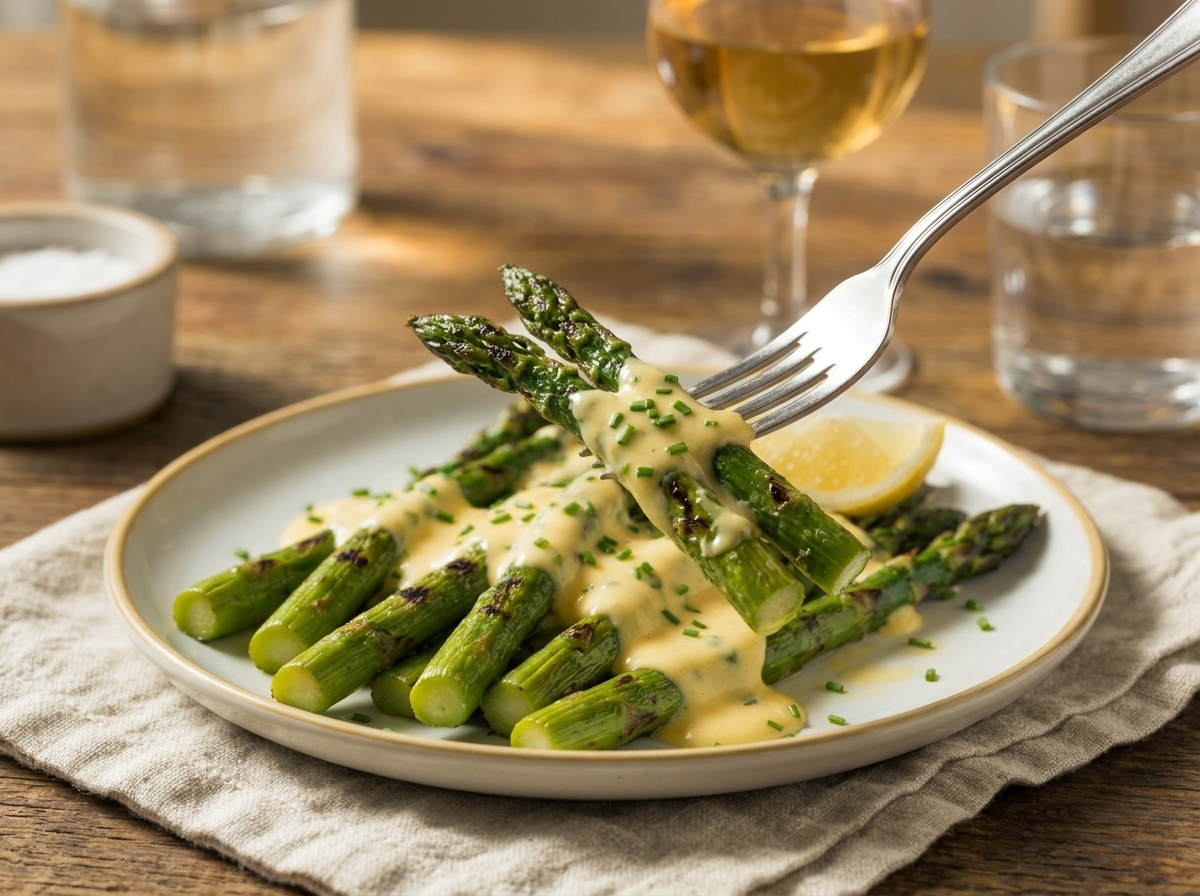A wooden table set with a platter of grilled asparagus, a glass of white wine, and a linen napkin in window light.