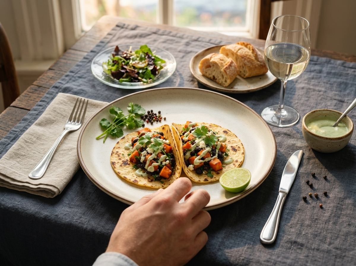 Hands reaching for tacos on a linen-lined platter with lime wedges and a small bowl of crema on a sunlit table