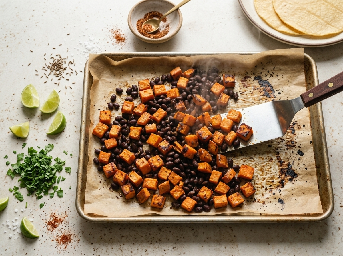Overhead view of caramelized sweet potato cubes being flipped on a parchment-lined sheet pan with a metal spatula