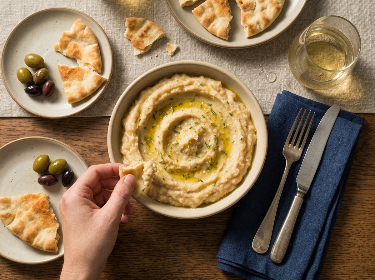 Hands tearing warm pita to scoop bean dip at a linen-set table with a glass of white wine nearby