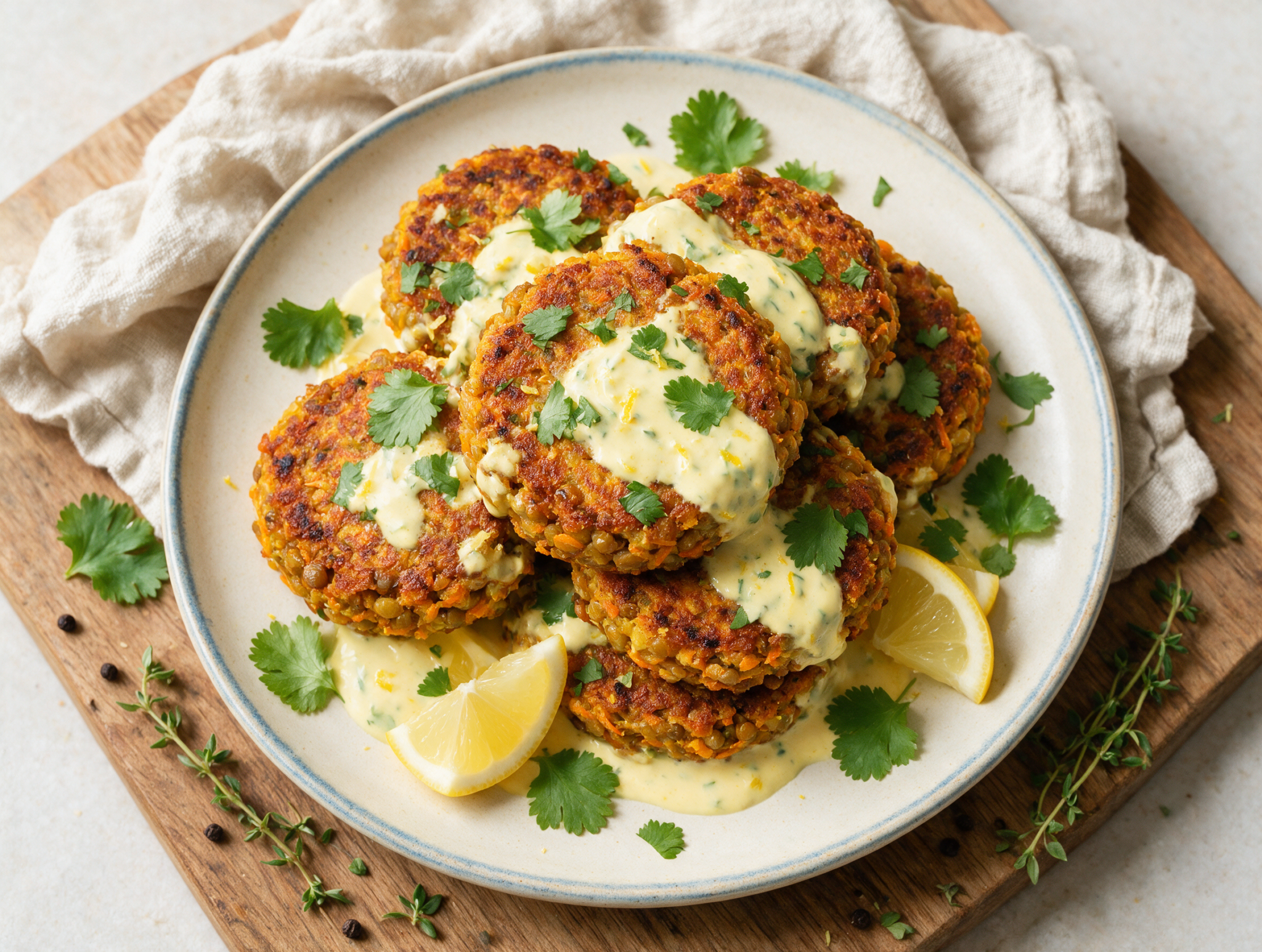 Stack of golden-brown carrot and lentil fritters on a wooden board with yogurt sauce and lemon wedges