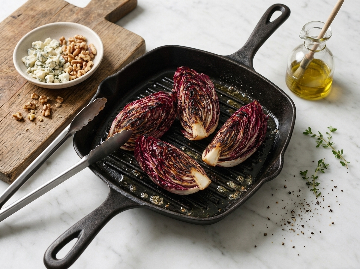 Radicchio wedges searing cut-side down on a cast-iron grill pan, edges blistering and curling over flame.