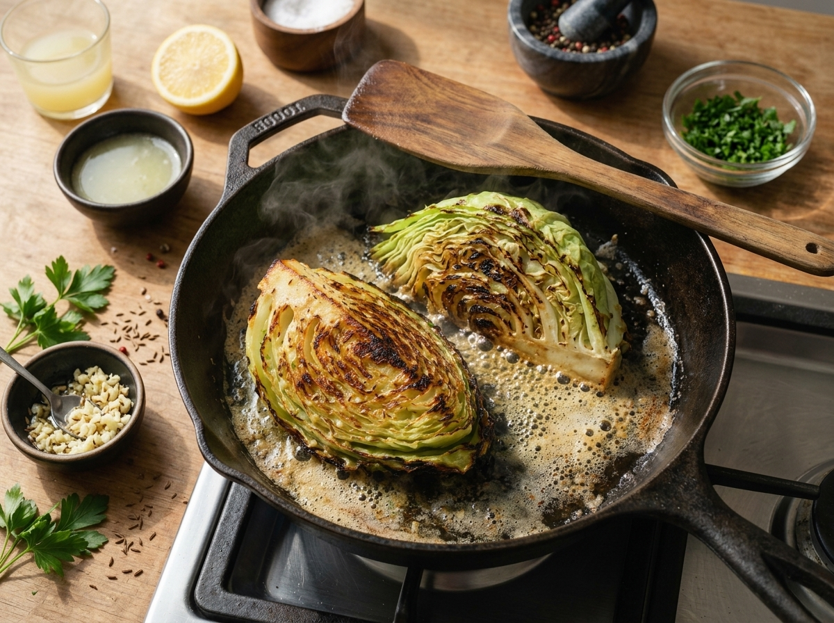 Cabbage wedges searing cut-side down in a smoking cast-iron skillet, edges turning deep brown and black