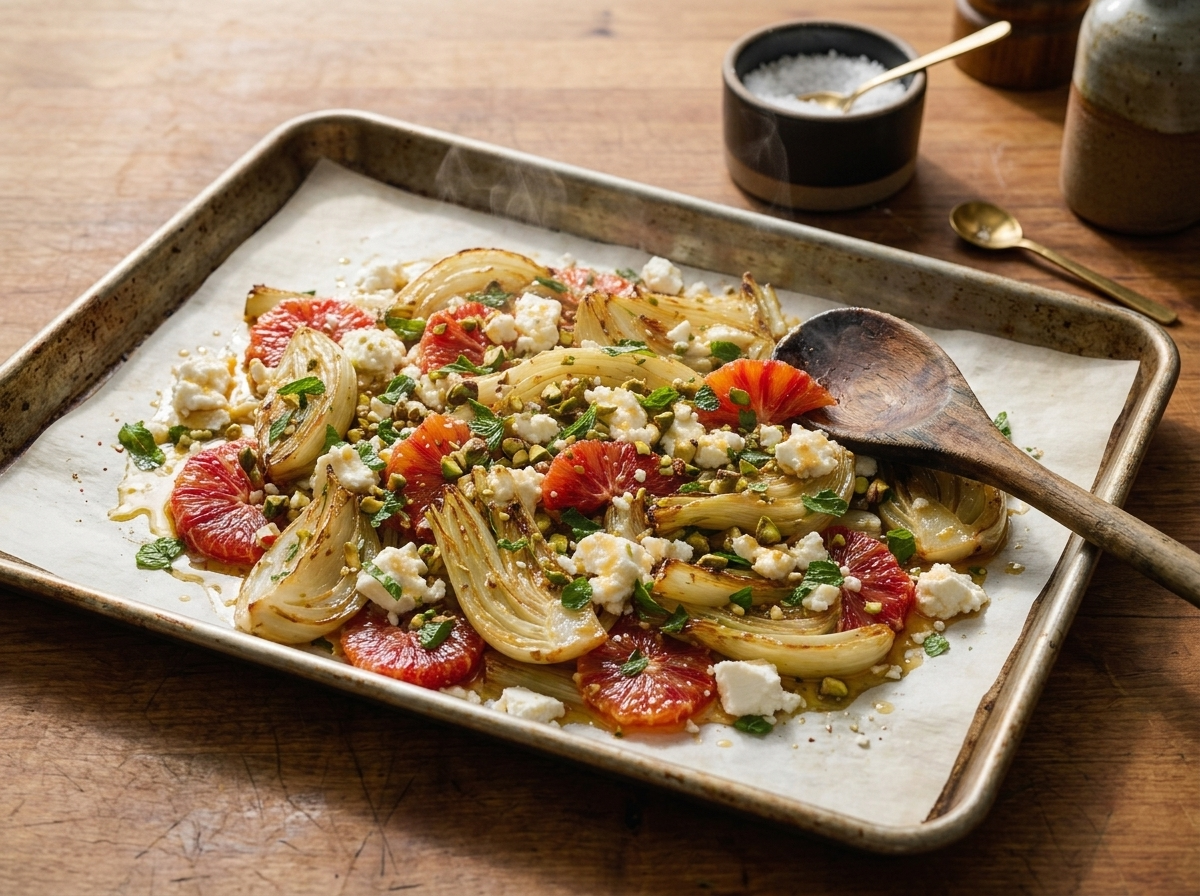 Sheet pan of golden-edged roasted fennel wedges fresh from the oven, olive oil glistening under warm kitchen light