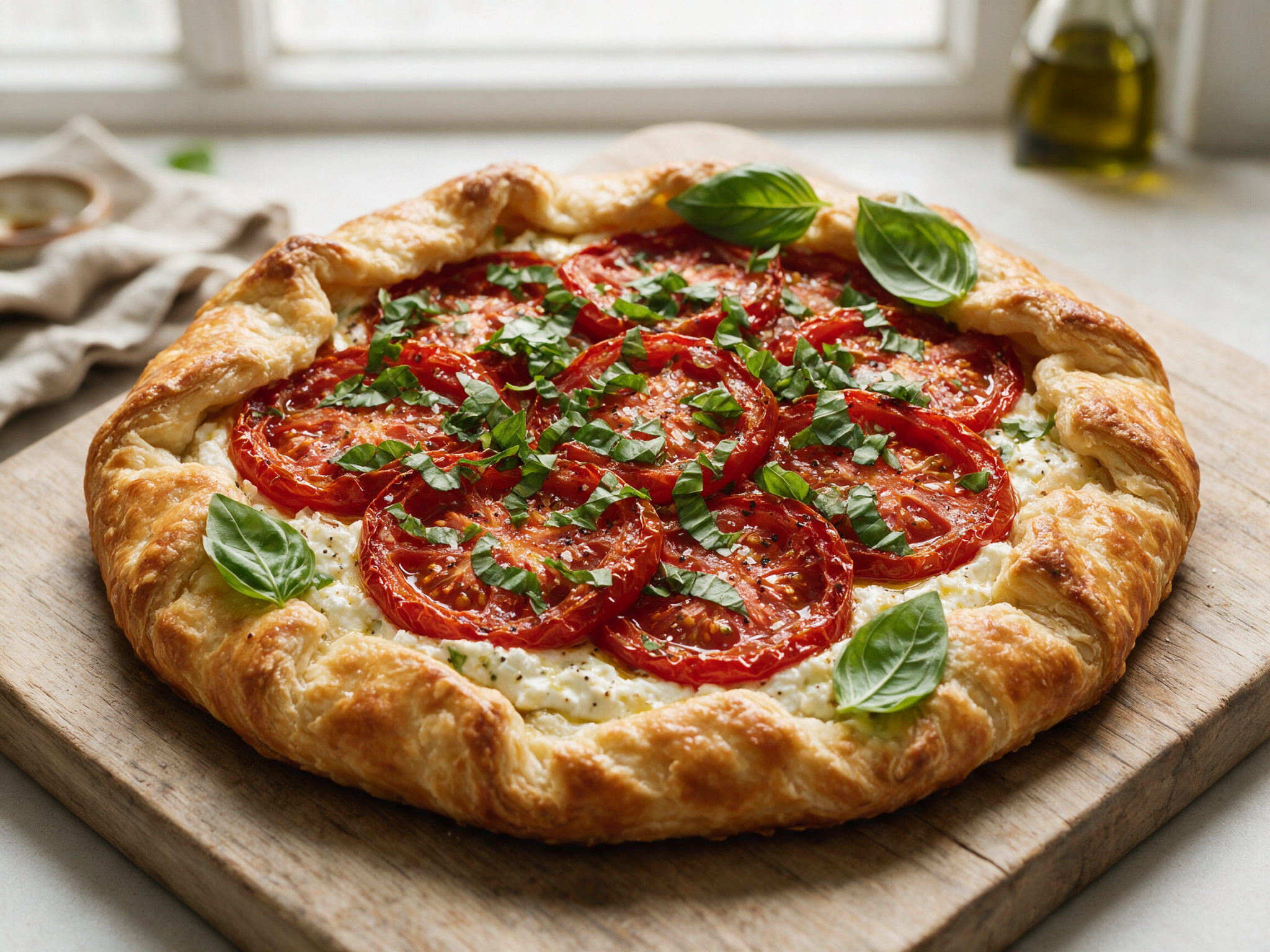 Sliced roasted tomato and basil galette on a wooden board with torn basil and a golden, pleated crust edge