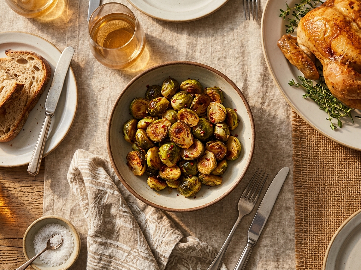Linen-covered dinner table with a bowl of glazed brussels sprouts next to roast chicken and a glass of wine