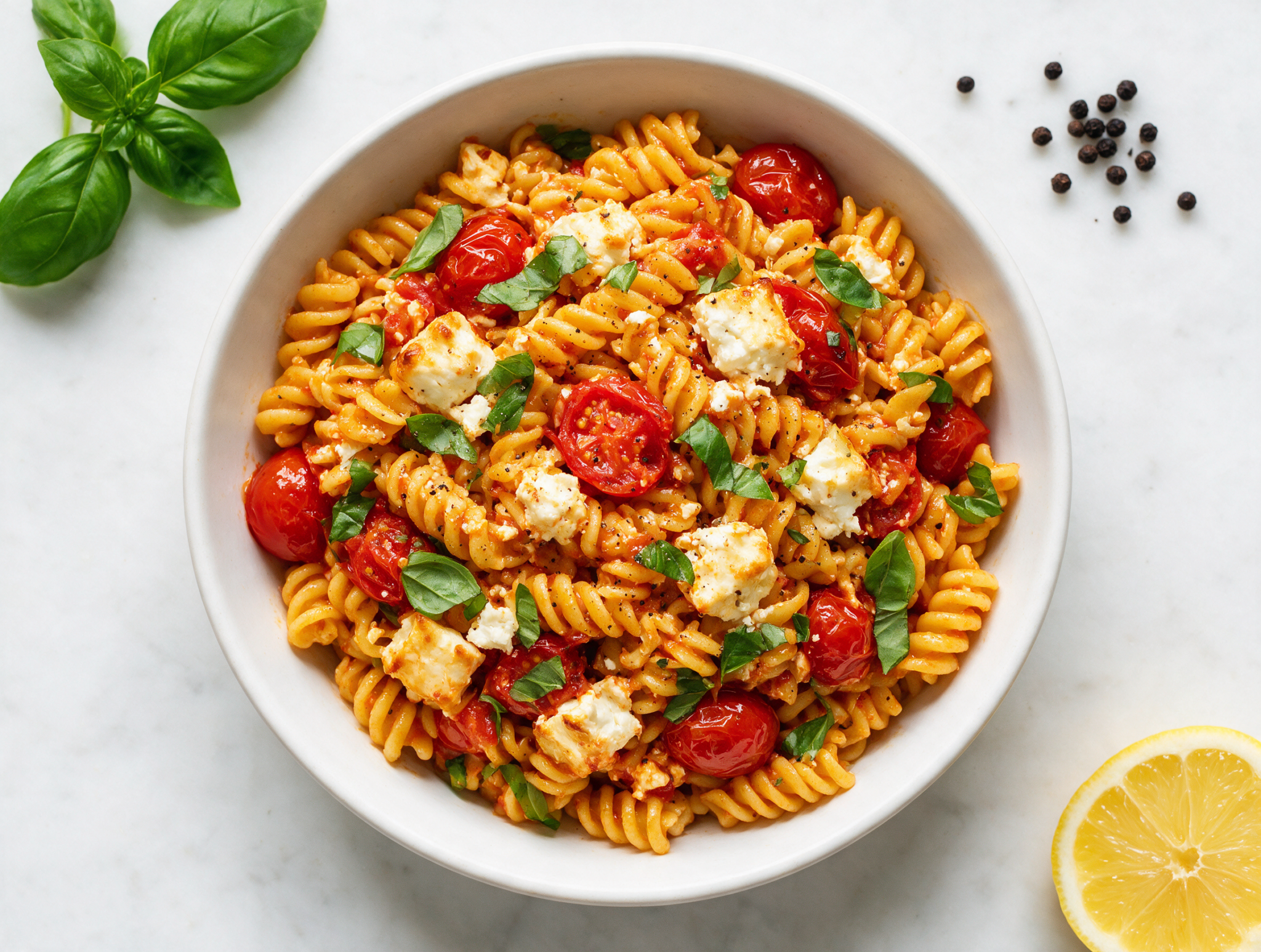 Overhead shot of roasted cherry tomato and feta pasta in a white bowl, torn basil and glossy sauce coating fusilli.