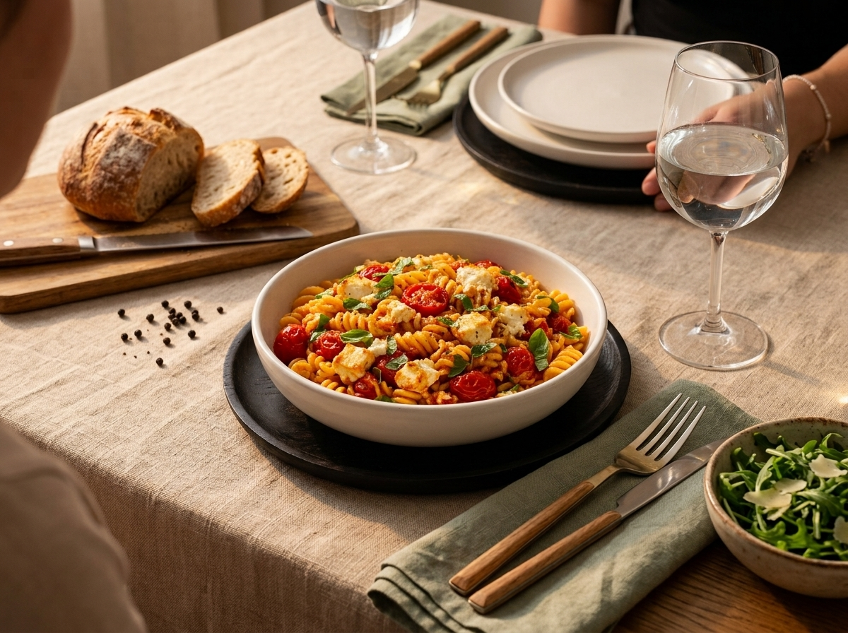 Two bowls of feta pasta on a linen-covered table with a glass of white wine and crusty bread nearby.