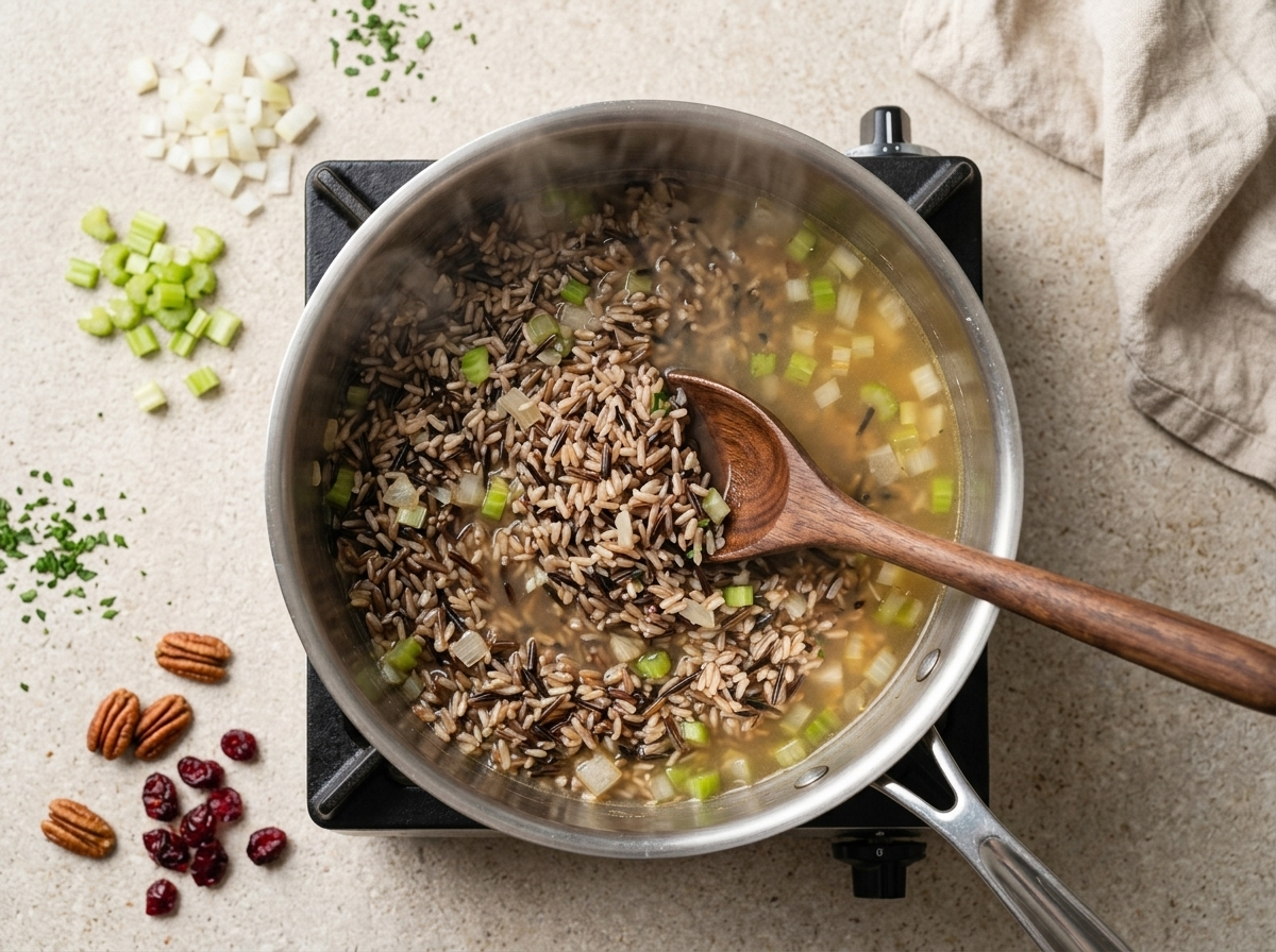 Wooden spoon stirring wild rice, broth, and diced onion in a stainless saucepan, steam rising over the stove.