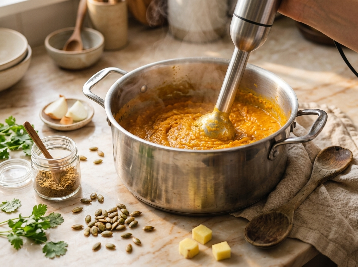 Immersion blender pureeing roasted pumpkin and onions into a smooth orange soup inside a steel pot with steam rising