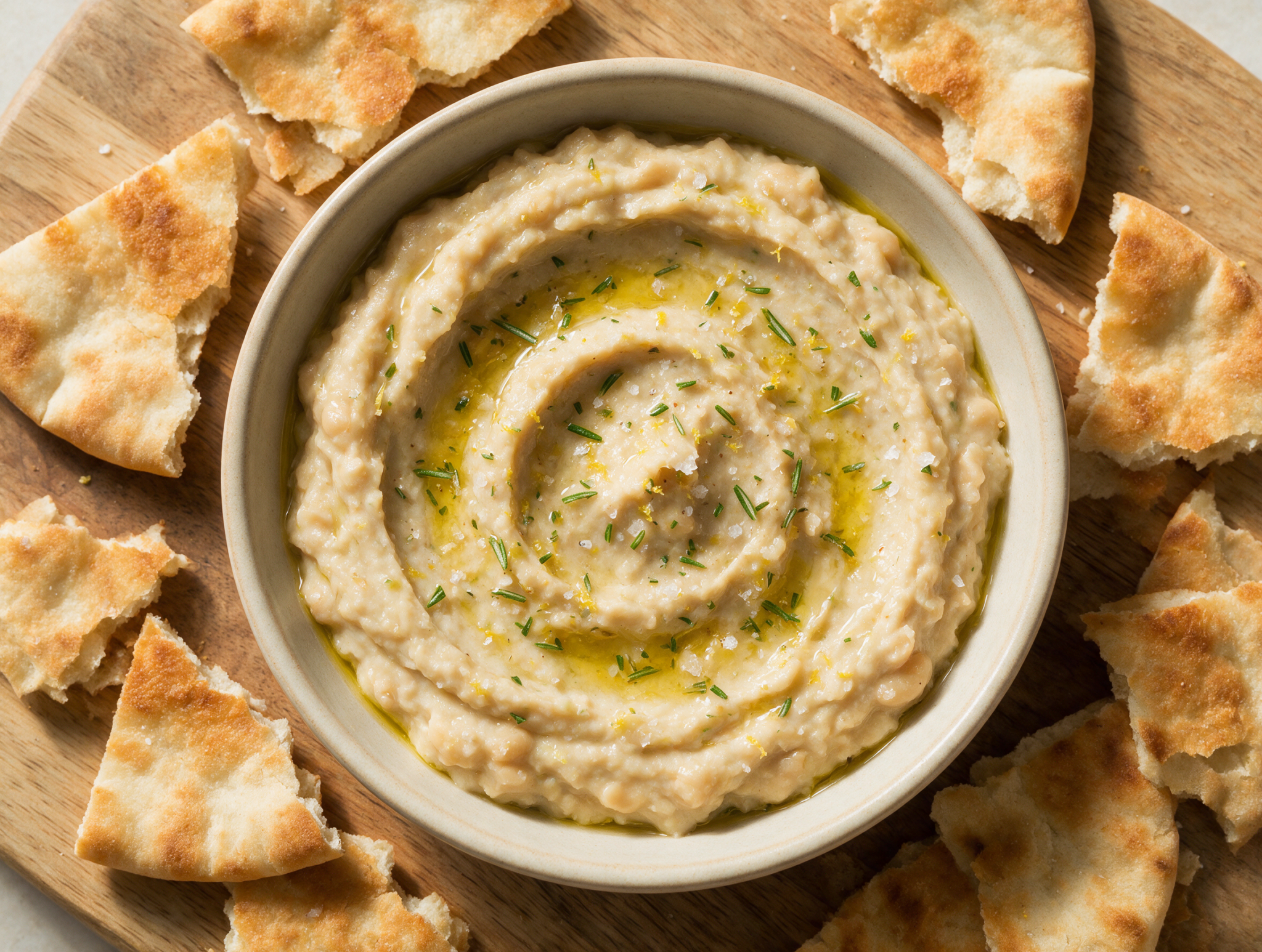 Swirled cannellini bean dip in a shallow bowl, glossy with olive oil, topped with rosemary and flaky salt on a wooden board