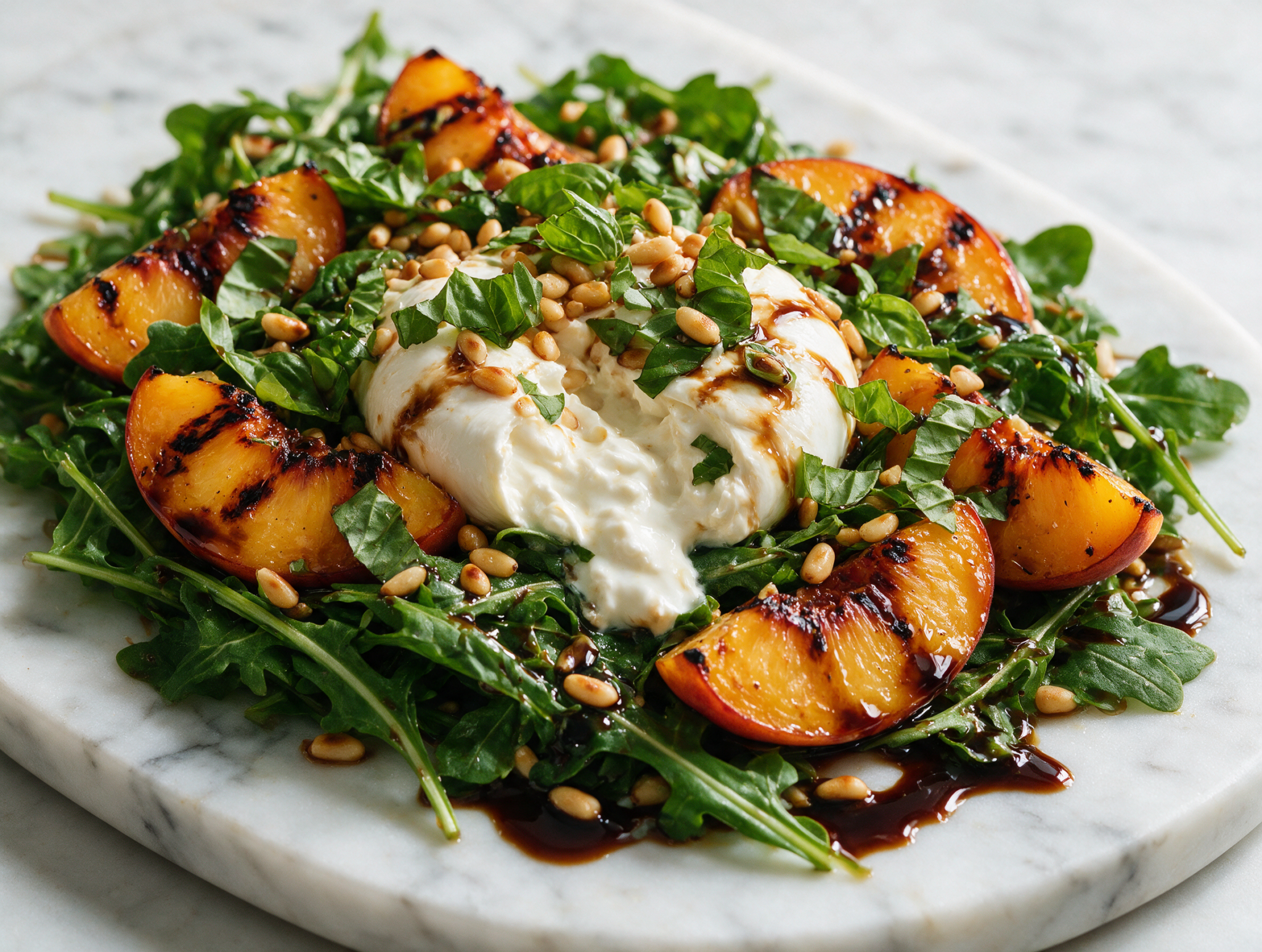Overhead view of charred peach halves and torn burrata with basil leaves and balsamic drizzle on a marble platter.