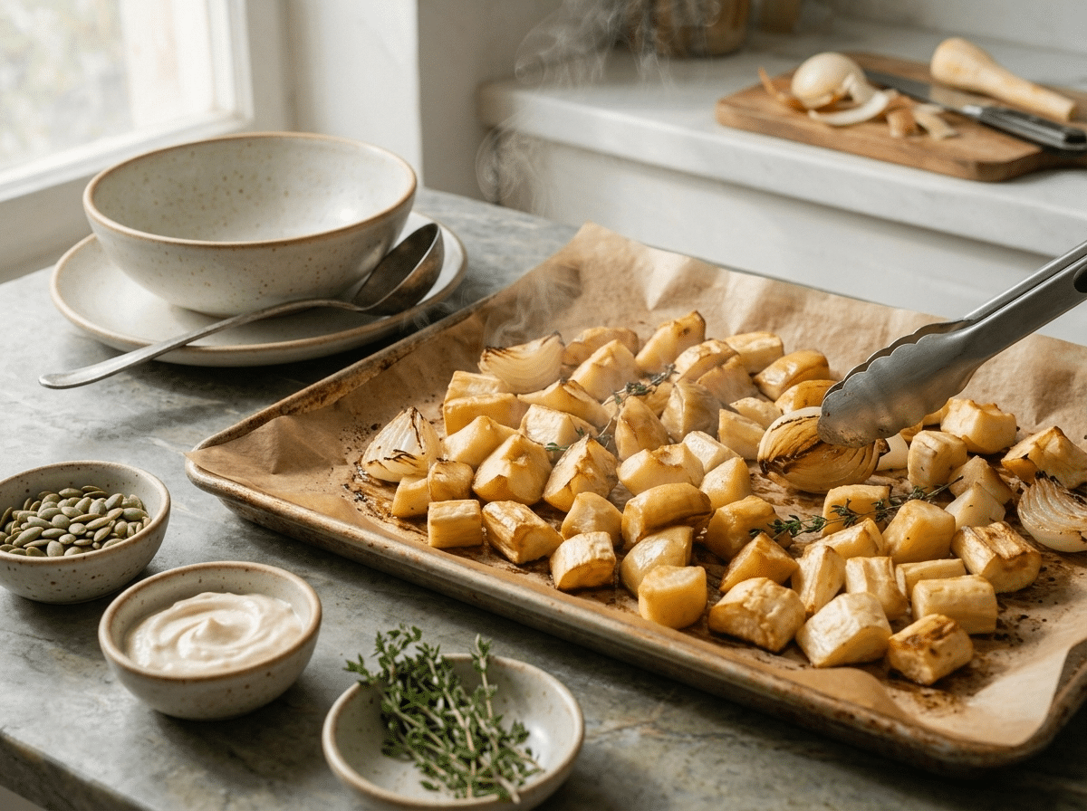 Sheet pan of caramelized parsnip, apple, and onion chunks with browned edges being flipped with tongs mid-roast