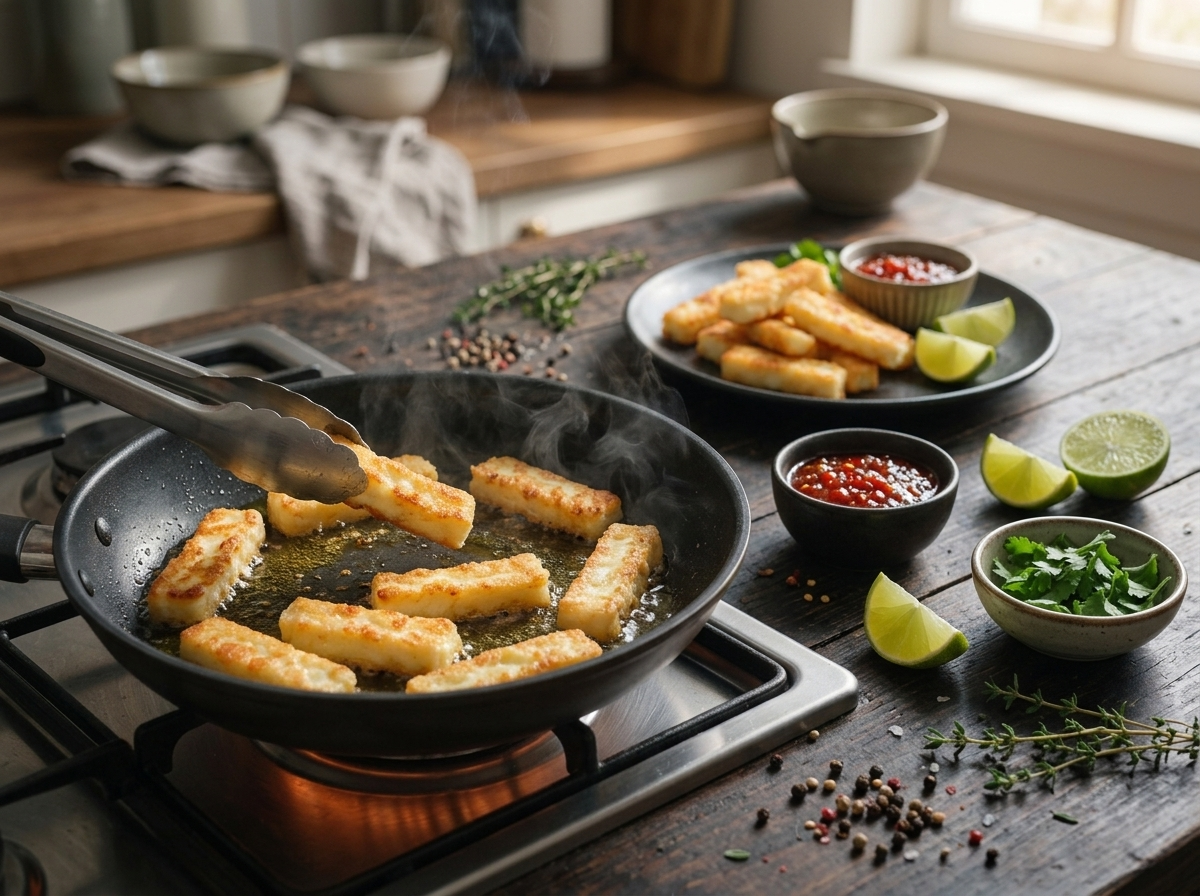Halloumi fries sizzling in a nonstick skillet, cornstarch crust turning golden brown as tongs flip one piece.