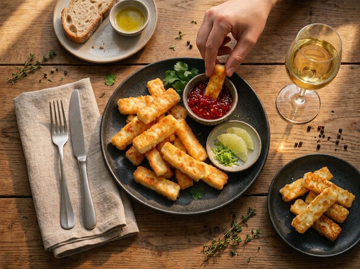 Hands dipping a halloumi fry into chili jam at a wooden table set with a linen napkin and glass of wine.