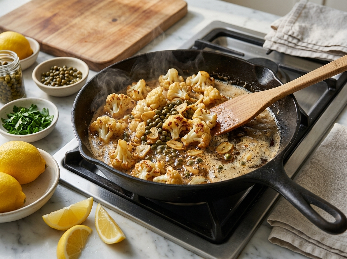 Close-up of butter foaming and turning amber brown in a skillet while sliced garlic and capers are stirred in