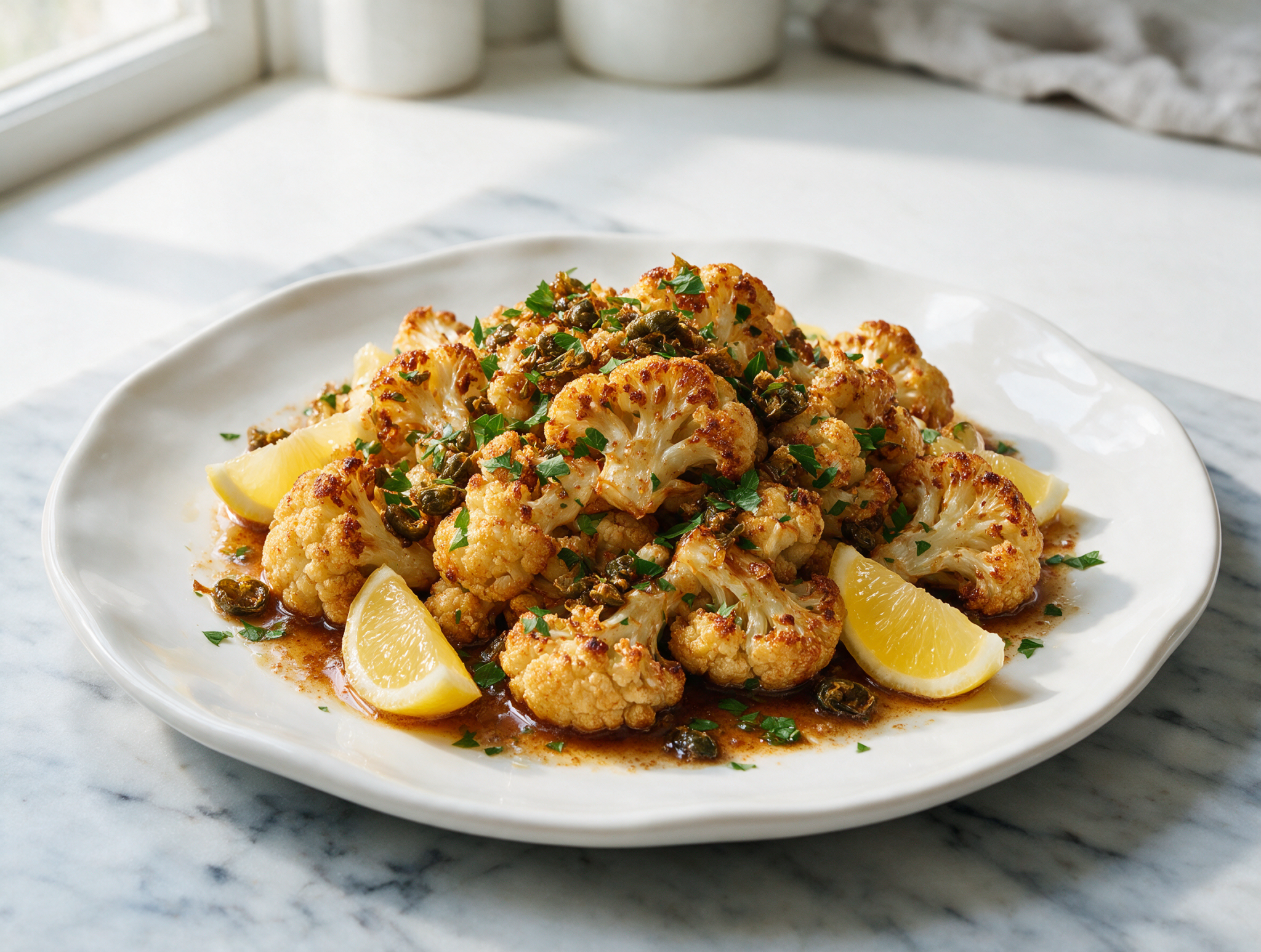 Overhead shot of golden roasted cauliflower florets on a white platter drizzled with brown butter and crisp capers