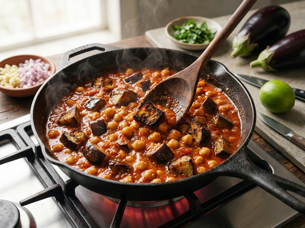 Cubed aubergine searing in a cast iron pan, edges blistered and charred, oil glistening under warm kitchen light.