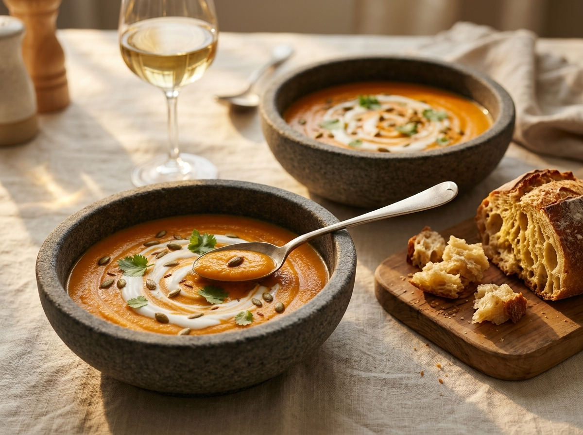 Two bowls of carrot cumin soup on a linen-topped table with crusty bread and a glass of white wine nearby.