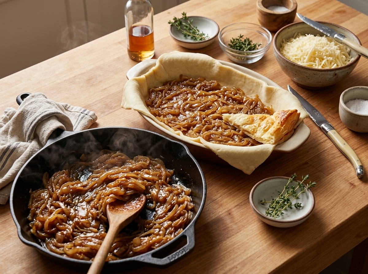Deep amber onions caramelizing in a cast-iron skillet, wooden spoon scraping browned bits from the pan.