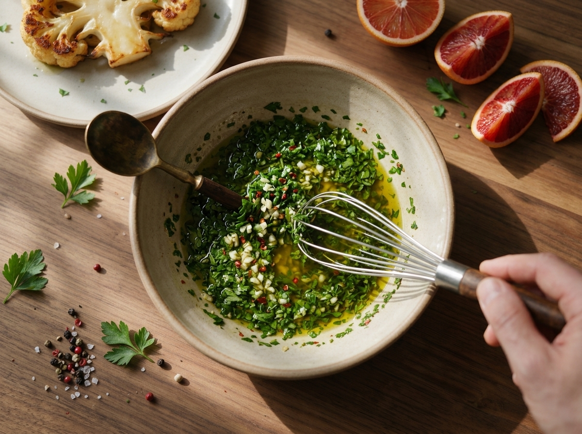 Overhead view of parsley, garlic, and olive oil being whisked together in a glass mixing bowl on a marble counter