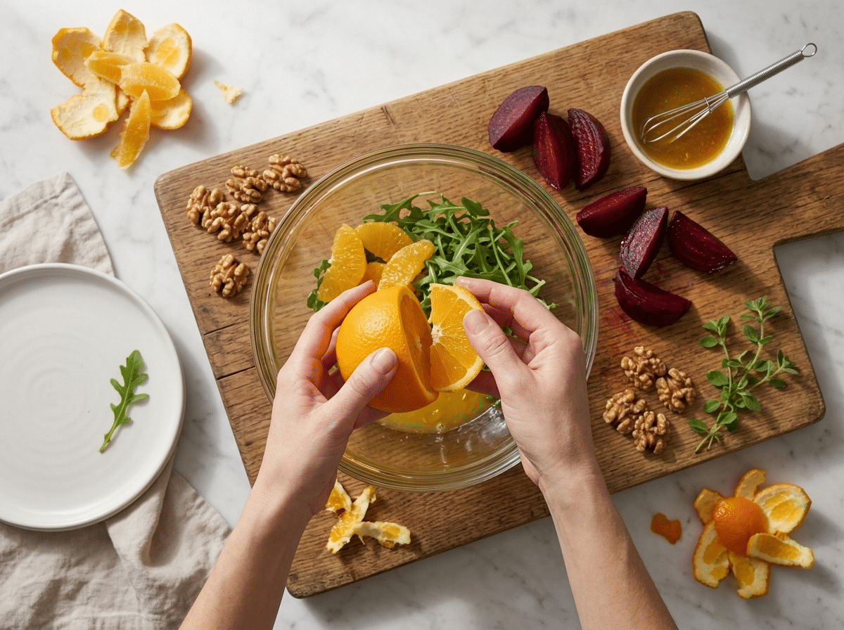Hands segmenting a peeled orange over a glass bowl, juice pooling beside roasted beet wedges on a wooden board.