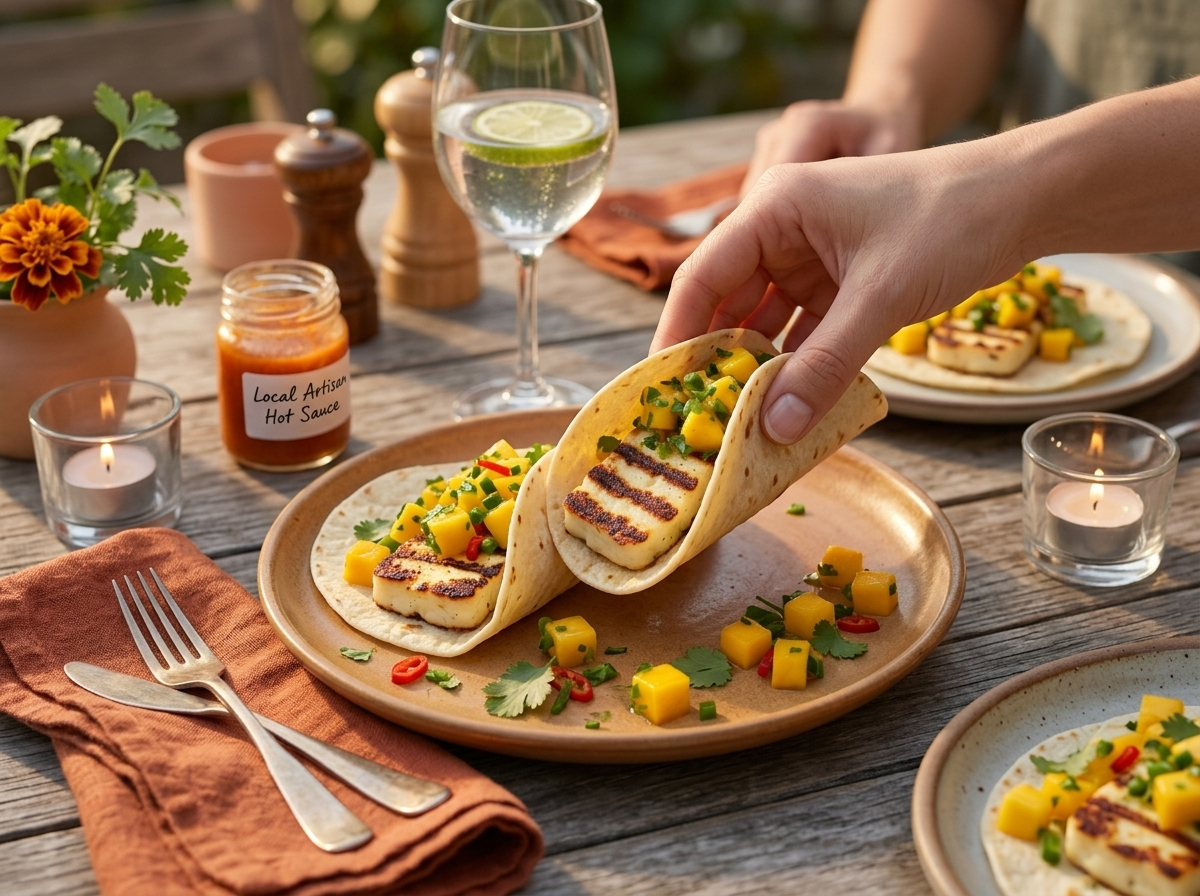 Hands reaching for a halloumi taco at an outdoor table set with lime wedges, a linen napkin, and a bottle of hot sauce.
