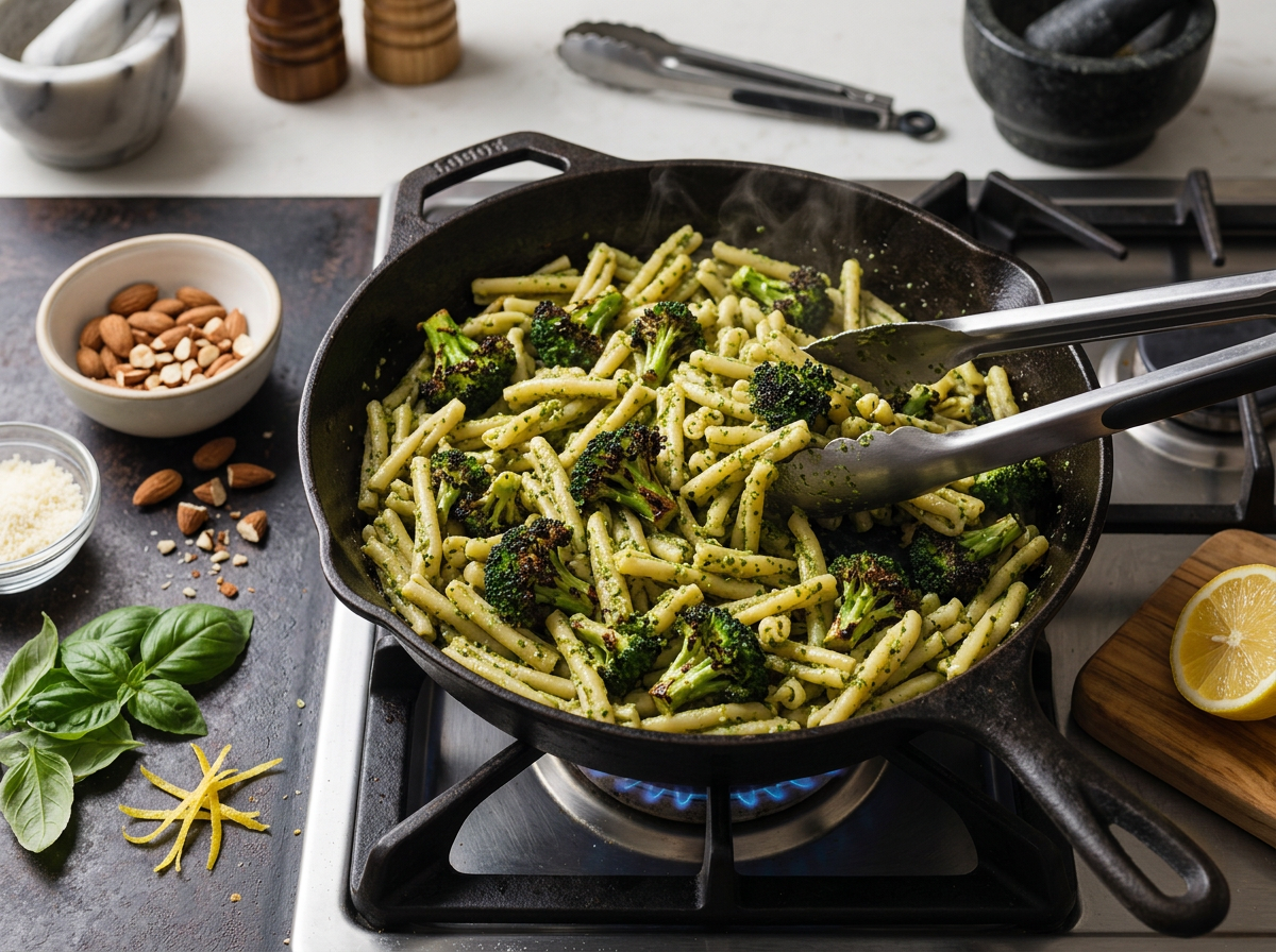 Broccoli florets searing in a cast-iron skillet, edges blackening as tongs turn one piece over high heat