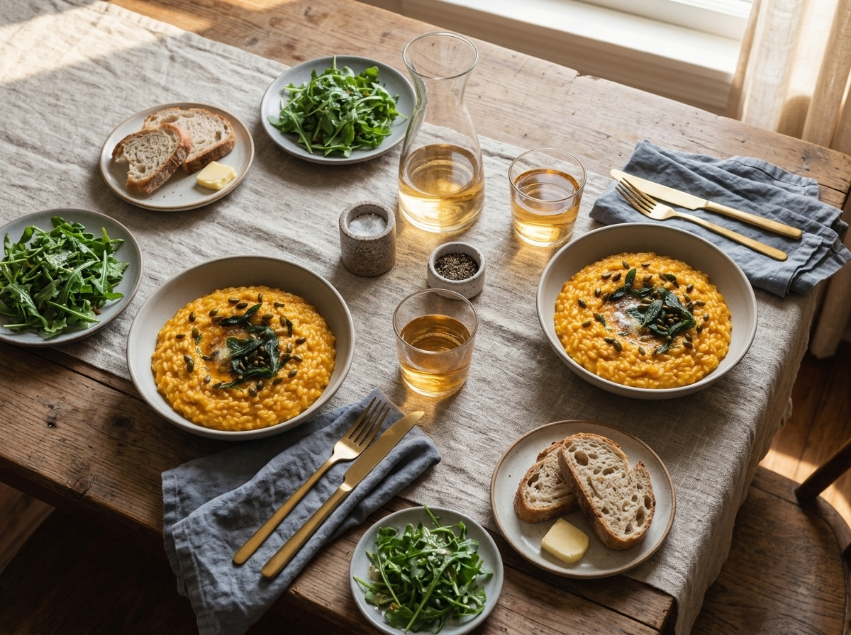 Two rustic bowls of pumpkin risotto on a linen napkin with a glass of white wine and scattered fall leaves nearby