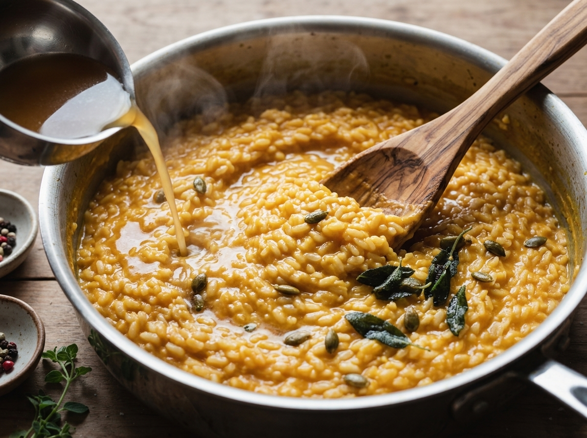 Wooden spoon stirring golden pumpkin risotto in a wide sauté pan while a ladle pours in warm stock