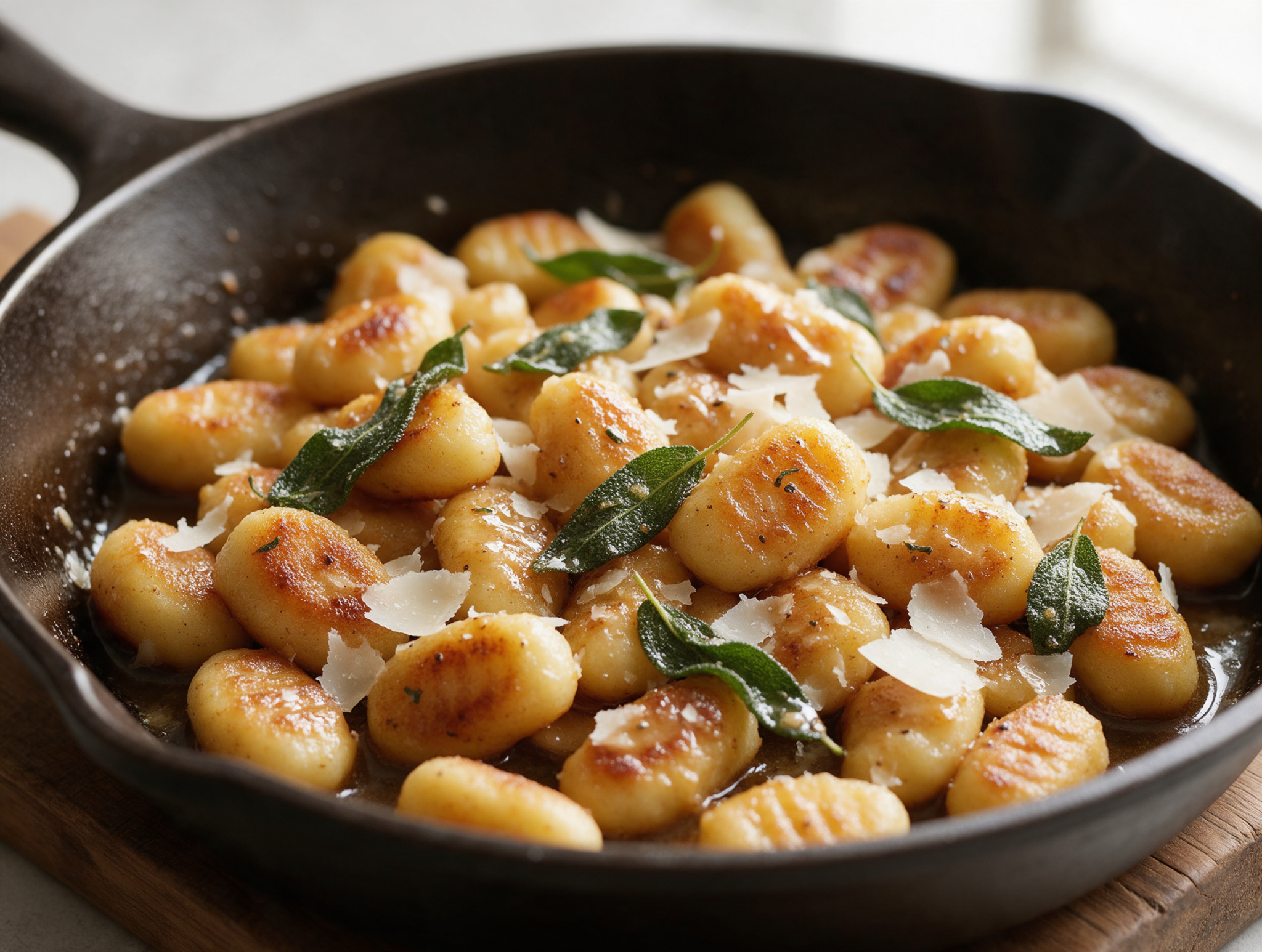 Crispy golden gnocchi glazed in brown butter, topped with fried sage and shaved parmesan in a dark skillet.