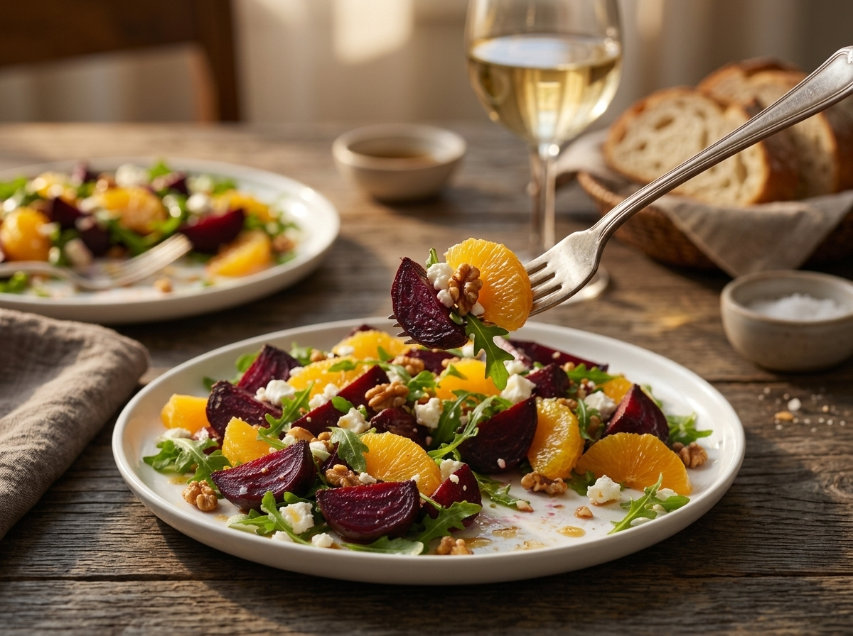 Two plates of beet and orange salad set on a linen tablecloth beside a glass of white wine and crusty bread.