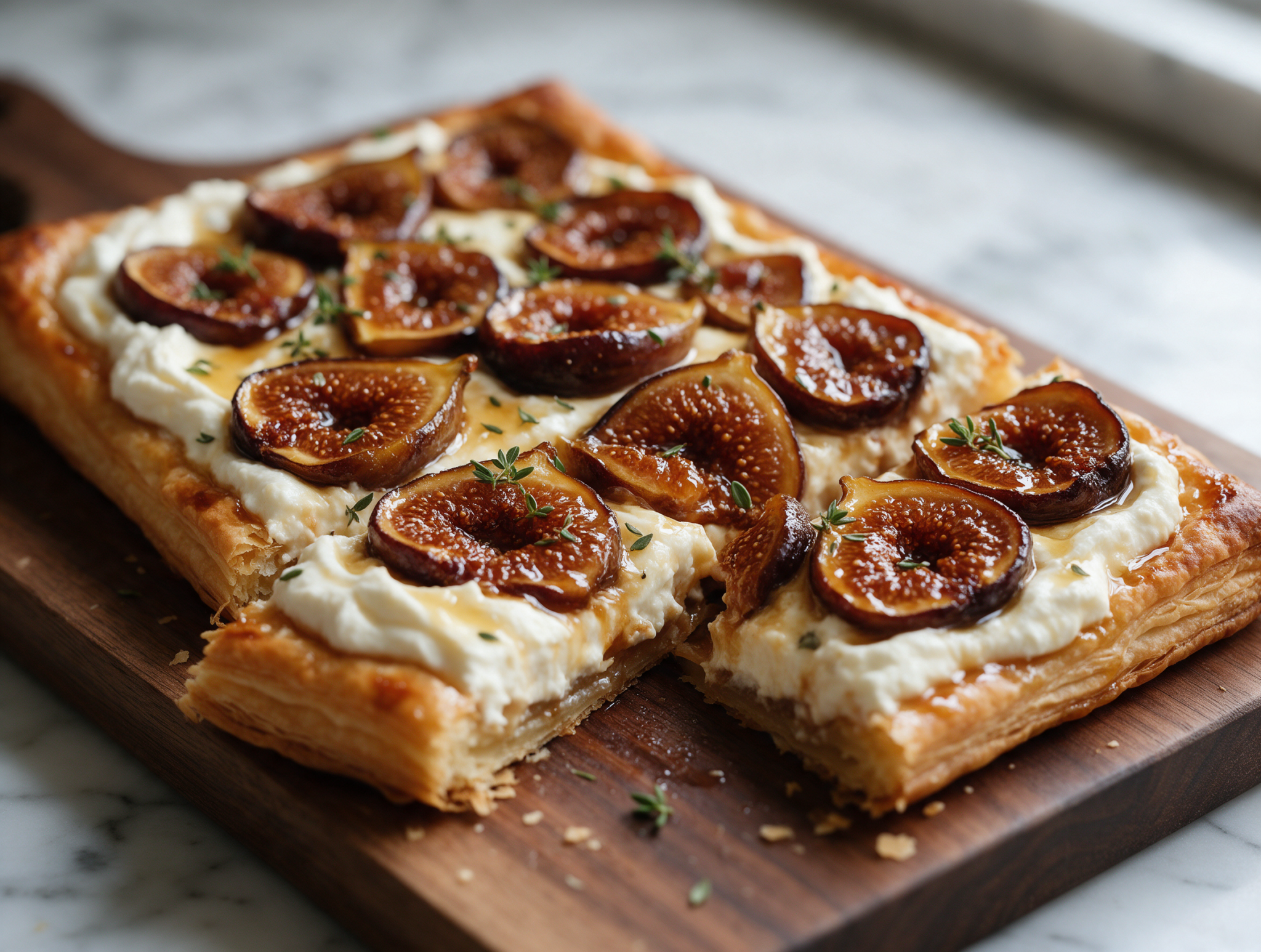 Sliced caramelized fig and ricotta tart on a wooden board with honey syrup pooling around jammy fig halves and thyme
