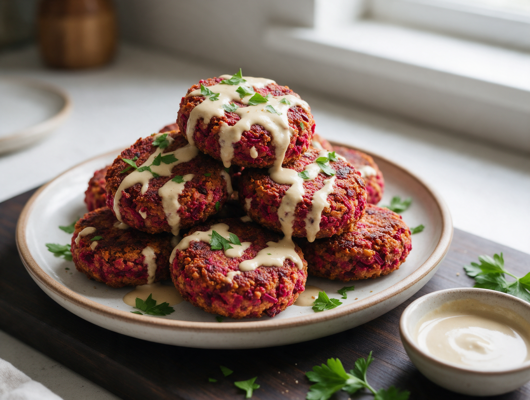 Overhead shot of magenta beetroot falafel patties stacked on a wooden board, drizzled with tahini and parsley.