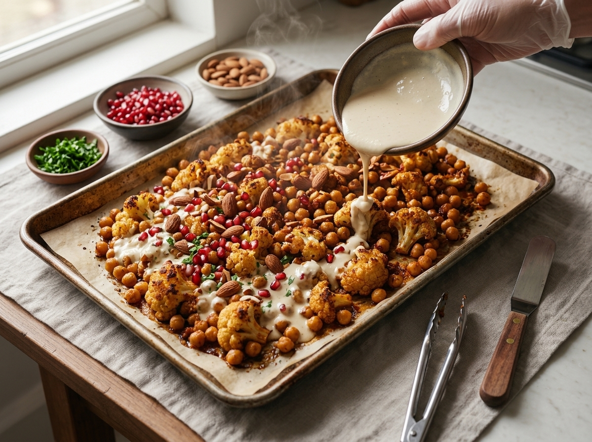 Hands drizzling tahini-yogurt sauce over roasted cauliflower and chickpeas on a parchment-lined sheet pan straight from the oven