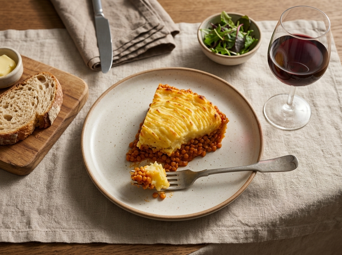 Plated slice of lentil shepherd pie with a fork resting beside it, glass of red wine and crusty bread on a linen tablecloth